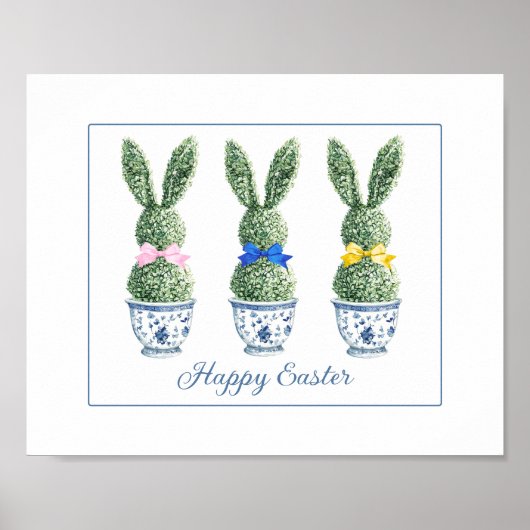 Poster Blue and White Chinoiserie With Rabbit Topiaries (Devant)