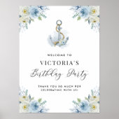 Poster Blue and White Floral Nautical Birthday Welcome (Devant)