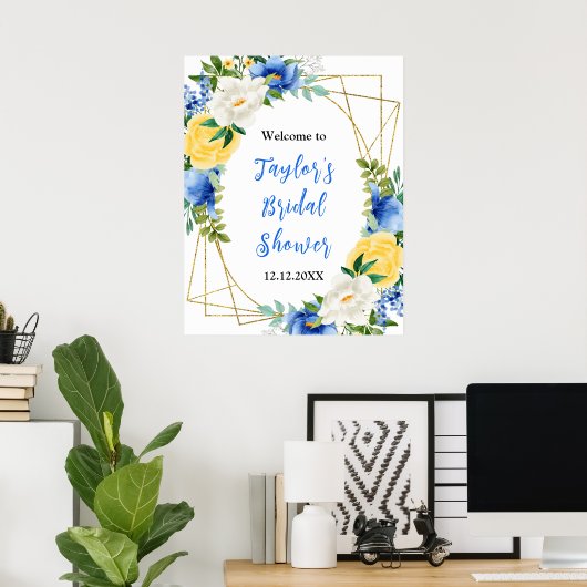 Poster Blue and Yellow Floral Bridal Shower Welcome Sign (Bureau à domicile)