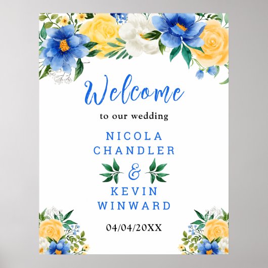 Poster Blue and Yellow Floral Wedding Welcome Sign (Devant)