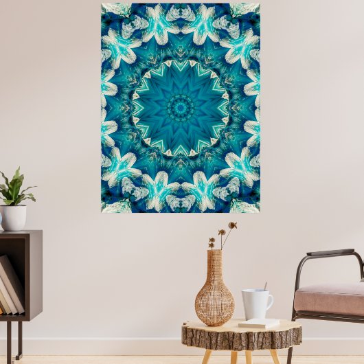 Poster Blue Aqua Mandala Rosette Retro Hippie (Salon 3)