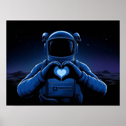 Poster Blue Astronaut Making Heart Sign on Alien Moon (Devant)