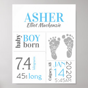 Poster Blue Baby Birth Stat Sign with Footprint
