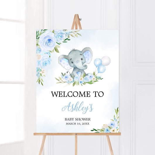 Poster Blue Balloon Floral Elephant Bienvenue