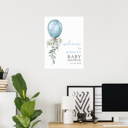 Poster Blue Balloon Greenery Bow Baby Shower Welcome (Bureau à domicile)