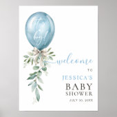 Poster Blue Balloon Greenery Bow Baby Shower Welcome (Devant)