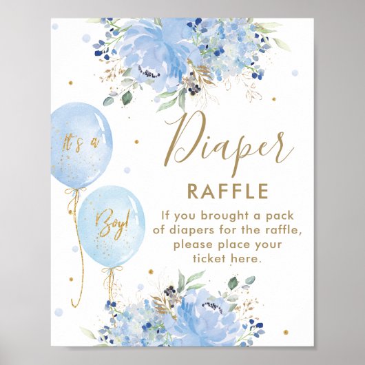 Poster Blue Balloons Floral Boy Baby Shower Diaper Raffle (Devant)