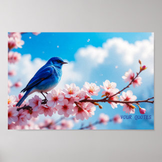 Poster Blue Bird on Cherry Blossom Branch