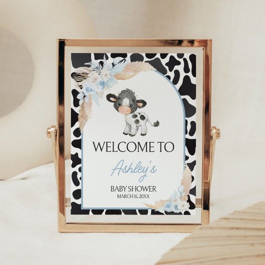 Poster Blue Boho Highland Cow Baby shower Bienvenue