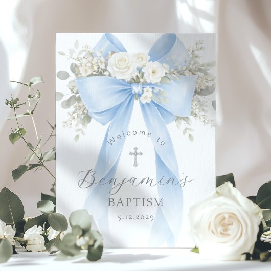 Poster Blue Bow Baby Boy Baptism Elegant Welcome