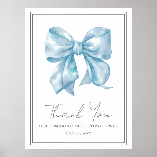 Poster Blue Bow Baby Shower Thank You Sign (Devant)