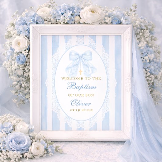 Poster Blue Bow Boy Baptism Welcome