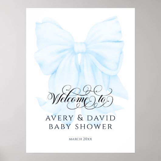 Poster Blue Bow moderne élégant bébé garçon douche (Devant)