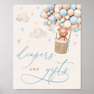 Poster Blue Boy Teddy Bear Baby shower Diapers & Cadeau