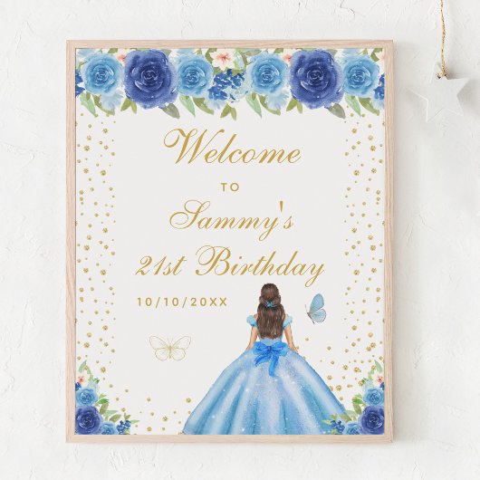 Poster Blue Brunette Coiffeuse Fille Anniversaire Bienven