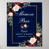 Poster Blue Burgundy Gold Floral Mariage Mimosa Bar (Devant)