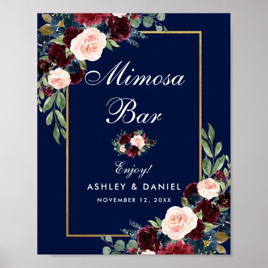 Poster Blue Burgundy Gold Floral Mariage Mimosa Bar (Devant)