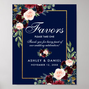 Poster Blue Burgundy Gold Floral Wedding Faveurs