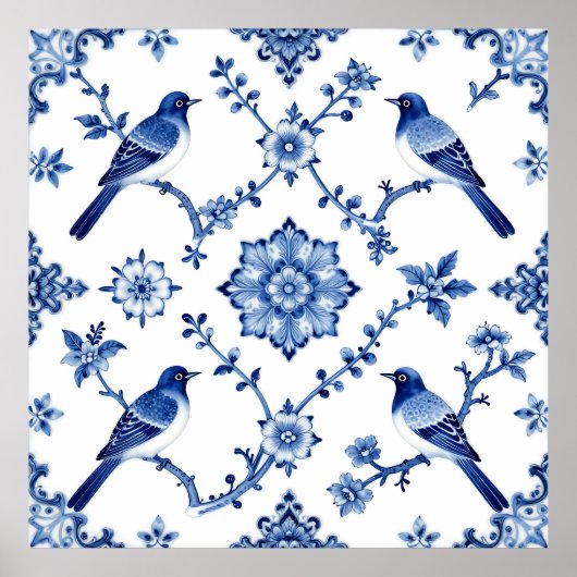 Poster Blue Chinoiserie Bird Floral Pattern (Devant)
