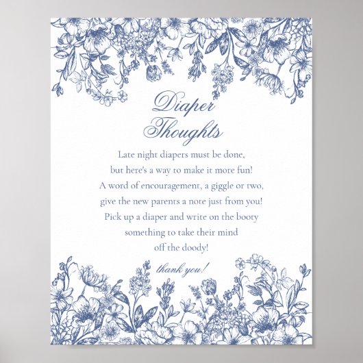 Poster Blue Chinoiserie Flora Diaper Thoughts Baby Shower (Devant)