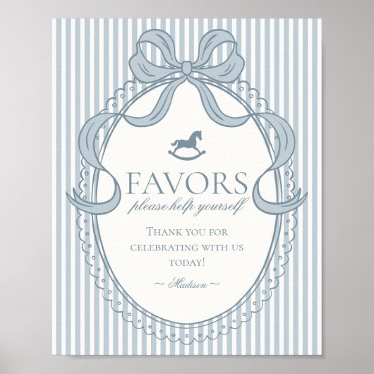 Poster Blue Coquette Bow Rocking Horse Stripe Favors Sign (Devant)