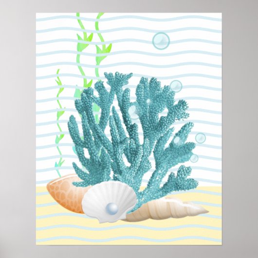 Poster Blue Coral, Seashells & Blue Pearl (Devant)