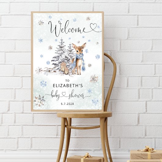 Poster Blue Cute Oh Deer Boy Baby shower Bienvenue
