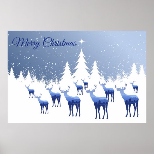 Poster-Blue-Deer Winter Scene-Merry Kerstmis Poster (Voorkant)