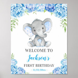Poster Blue Elephant 1er 2e fête d'anniversaire Bienvenue