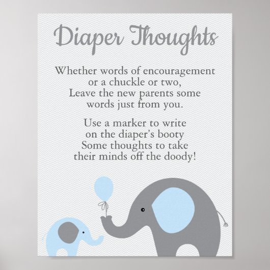 Poster Blue Elephant Baby Shower Diaper Thoughts Sign (Devant)