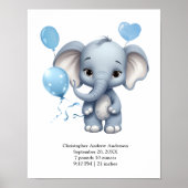 Poster Blue Elephant Ballons Bébé Naissance Statistiques (Devant)