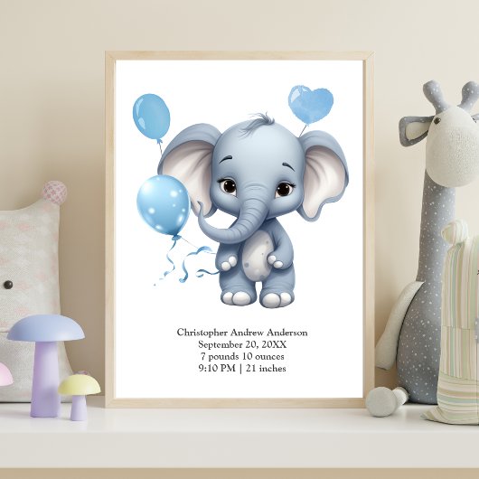 Poster Blue Elephant Ballons Bébé Naissance Statistiques