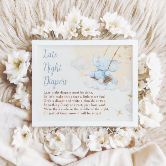 Poster Blue Elephant Late Night Diapers Baby Shower