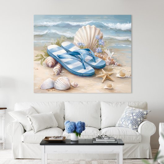 Poster Blue Flip Flops Seashells Coastal Beach Summer Art