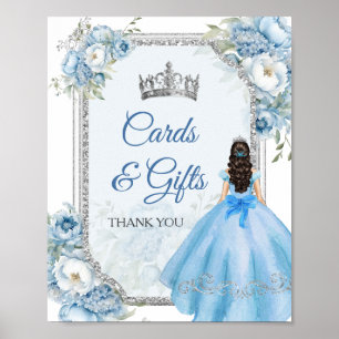 Poster Blue Floral Argent Couronne Quinceañera Cartes et