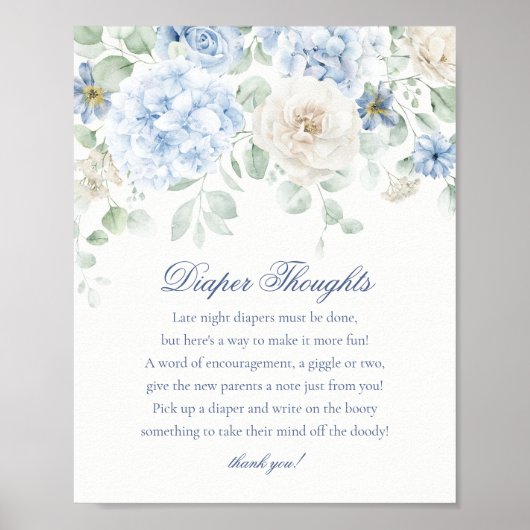 Poster Blue Floral Baby in Bloom Diaper Thoughts Douche (Devant)