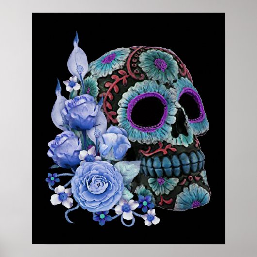 Poster Blue Floral Black Sugar Skull Jour des morts (Devant)