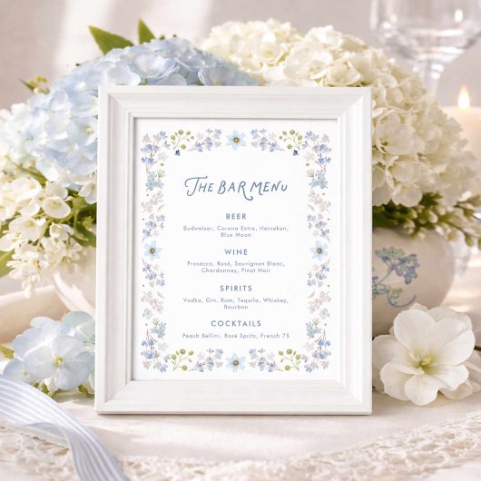Poster Blue Floral Bridal Shower Bar Menu