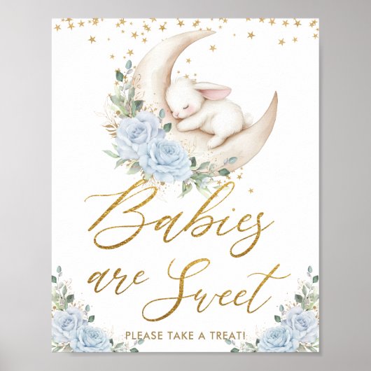 Poster Blue Floral Bunny Rabbit Moon Babies are Sweet  (Devant)