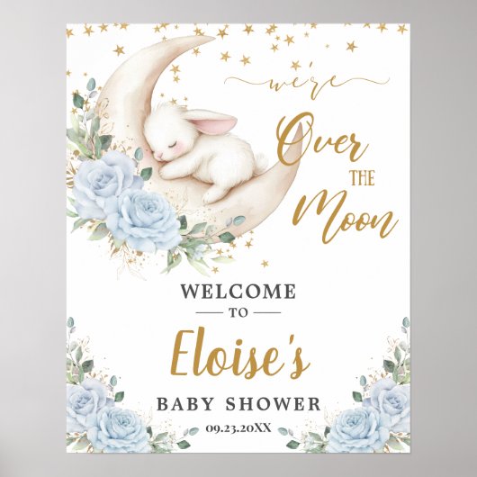 Poster Blue Floral Bunny Rabbit Moon Baby Shower Welcome (Devant)