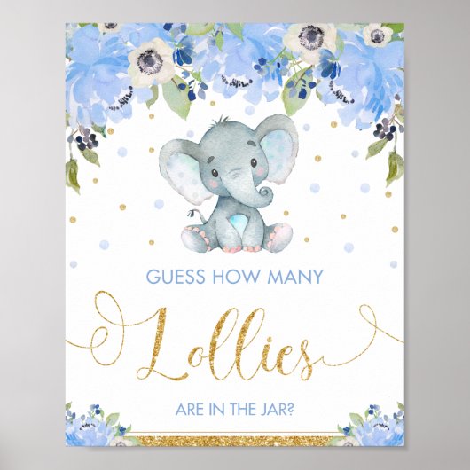 Poster Blue Floral Elephant Devine Combien De Lollies Jeu (Devant)