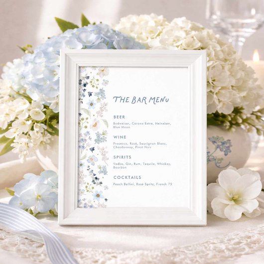 Poster Blue Floral Garden Bridal Shower Bar Menu