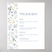 Poster Blue Floral Garden Bridal Shower Bar Menu (Devant)