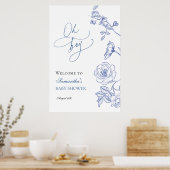 Poster Blue Floral Oh Boy Baby shower Bienvenue (Cuisine)