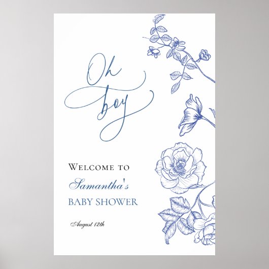 Poster Blue Floral Oh Boy Baby shower Bienvenue (Devant)