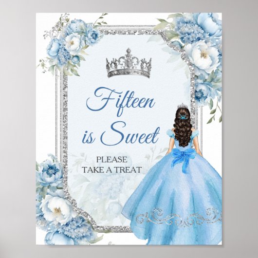 Poster Blue Floral Silver Quinceañera Quinze est doux (Devant)
