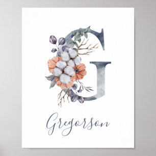 Poster Blue Floral Watercolor Monogram G Last Name