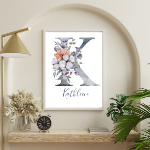 Poster Blue Floral Watercolor Monogram K Name