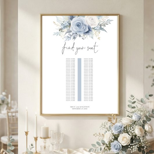 Poster Blue Florals Single Table Wedding Seating Chart