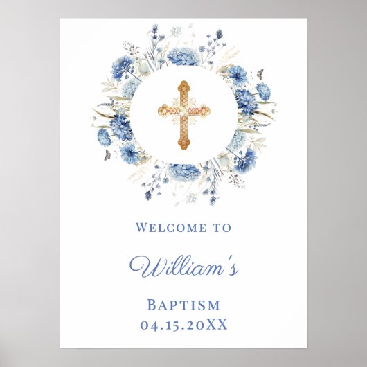 Poster Blue florals wreath boy Baptism welcome (Devant)